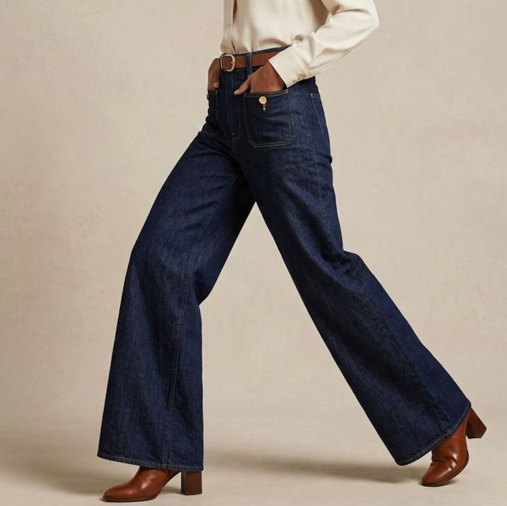 J.Crew '96 Denim Wide-Leg High Rise Sailor Jeans Dark Wash Gold Button Size 28